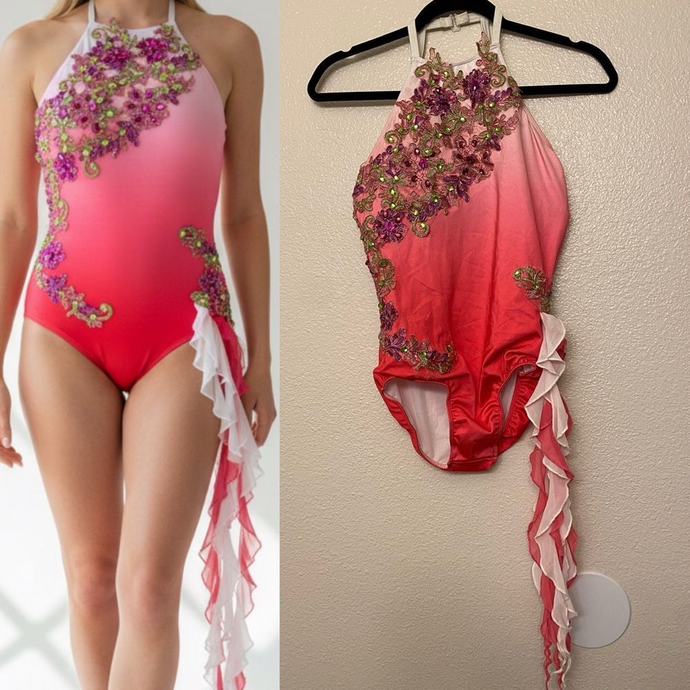 Glamour solo dance costume pink ombre embellished XLC-Extra large child